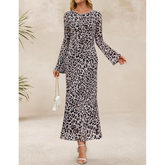 Zesica Women's Leopard Ruched Mesh Long Sleeve Floral Bodycon Cocktail Dress - Picture 3 of 6